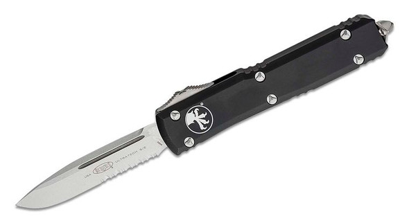 Microtech - Ultratech OTF Knife 3.46" Stonewashed Drop Point - Combo Blade - Black Aluminum Handle