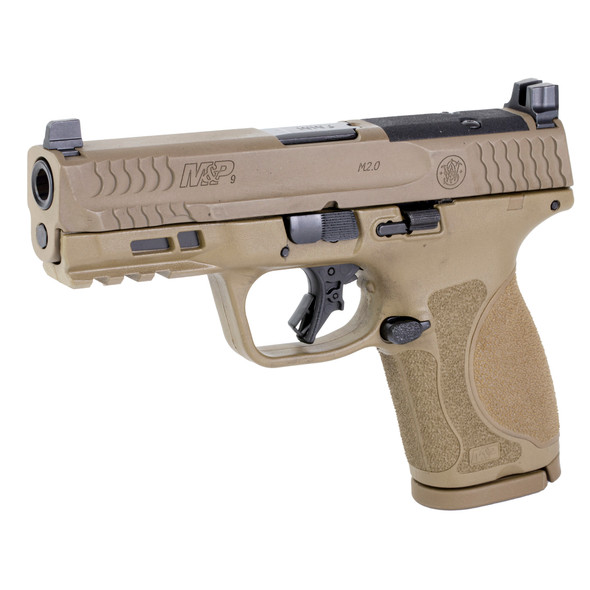 Smith & Wesson, M&P M2.0, Striker Fired, Semi-automatic, Polymer Frame Pistol, Compact, 9MM, 4" Barrel, Armornite Finish, Flat Dark Earth, Optic Height Sights, Optics Ready, No Thumb Safety, Flat Face Trigger with Integrated Trigger Safety, 15 Rounds, 2 Magazines, Includes 4 Interchangeable Grip Inserts, 13572, 022188889574