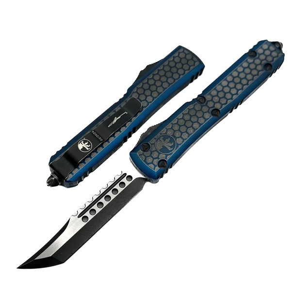 Microtech Ultratech - Weathered Blue Hex Pattern - Distressed Black Hellhound -  Signature Series