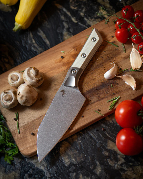 Microtech 6" Santoku Knife - Titanium Bolster/Ivory G-10 Handle - Stonewash Blade, 3200B-10IV, 841768182719