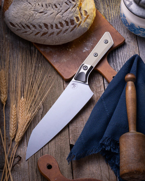 Microtech 8" Chef's Knife - Titanium Bolster/Ivory G10 Handle - Stonewash Blade, 3000B-10IV, 841768182580