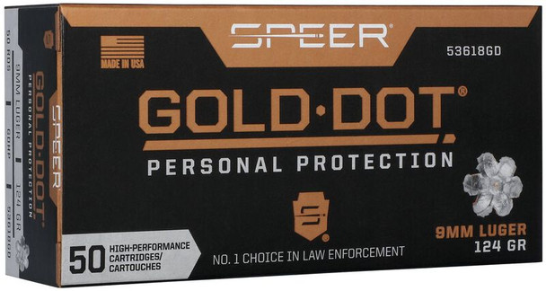 Speer Gold Dot 9mm 124gr Hollow Point - 50 Rd Box, 53618, 53618GD, 076683536181