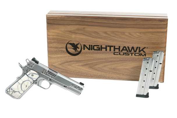 Nighthawk Custom 1911 VIP Silver Deep Hand Engraved 9mm Pistol 5" Barrel - Wooly Mammoth Bark Grips, 1251, 806802761251