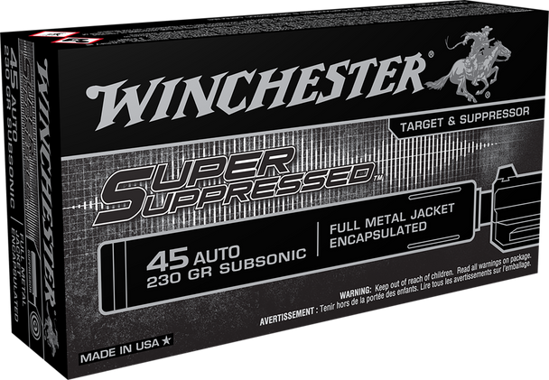 Winchester Super Suppressed .45 ACP 230gr Encapsulated FMJ - 50 Rd Box, SUP45, 020892224469