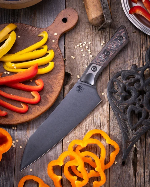 Microtech 8" Chef's Knife - Bronze Titanium Bolster/Livewire Carbon Fiber Handle - DLC Blade, 841768198741, 3000B-1DLCLWCFS