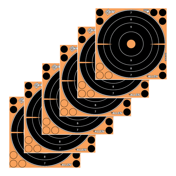 EZ-AIM Splash Reactive Self-Adhesive Target 8" Bullseye Pack - Black/Orange 6 per pack