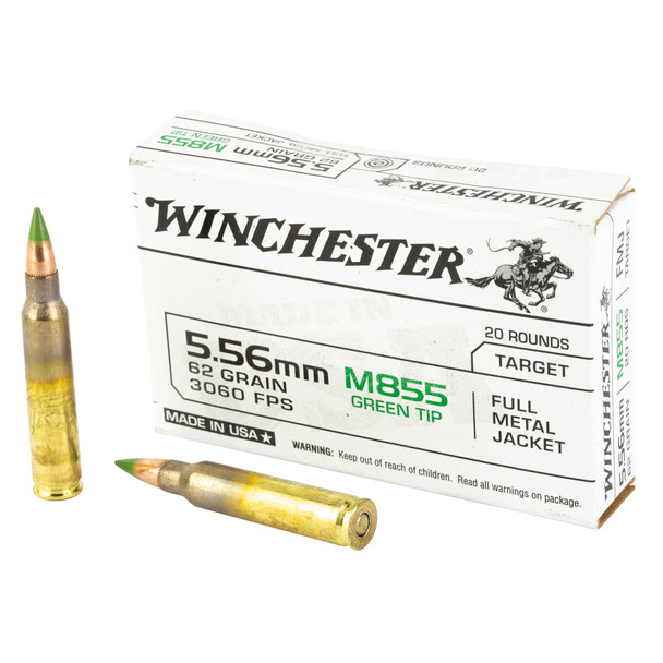 Winchester, M855, 556NATO, 62 Grain, FMJ, Green Tip, Box of 20