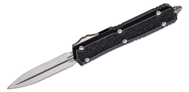 Microtech - Signature Series Makora OTF AUTO 3.3" Stonewashed Double Edge Dagger Blade, Black Aluminum Handles with Black Traction Inlays (201-11)