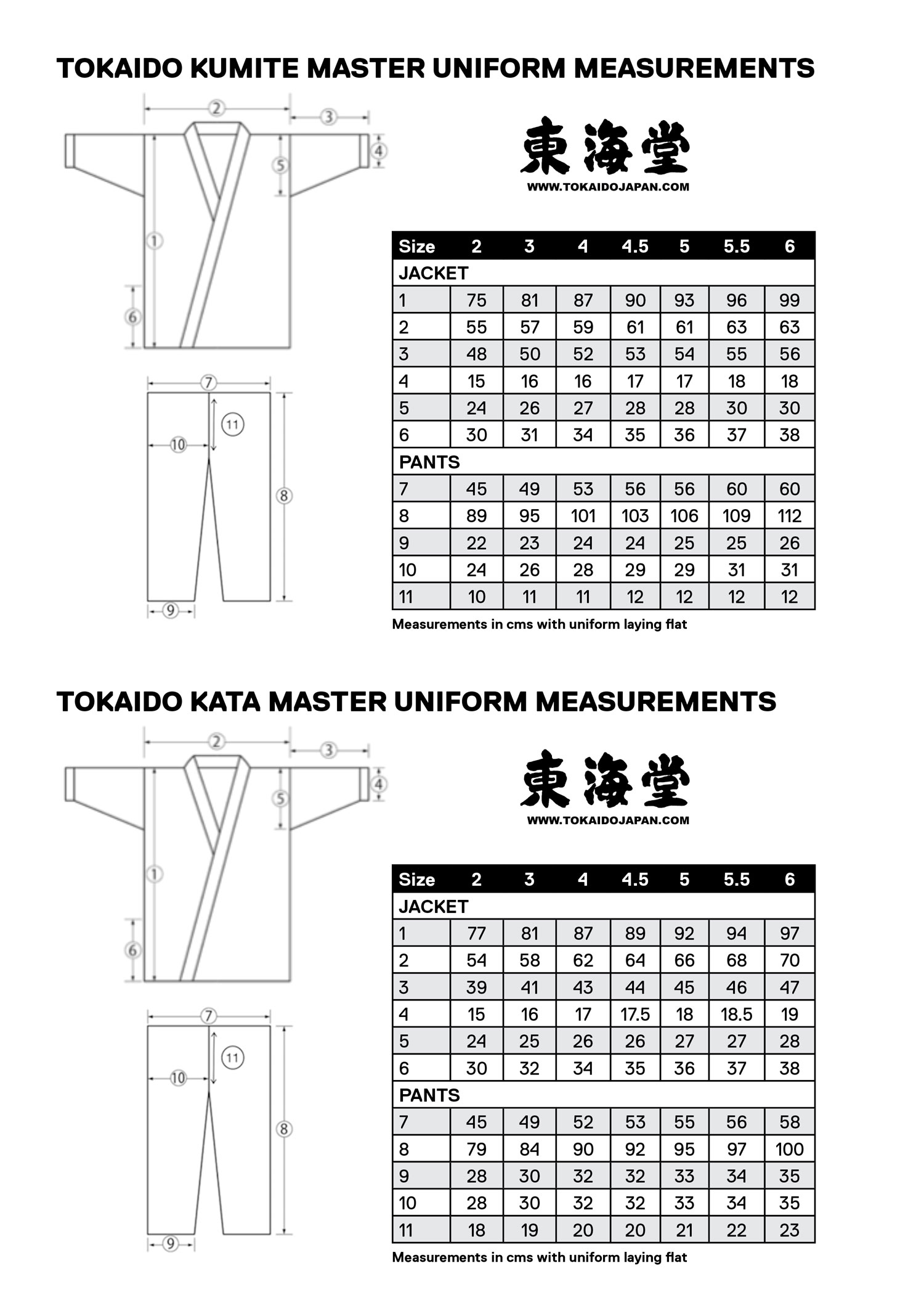 Tokaido Karate Gi Size Chart