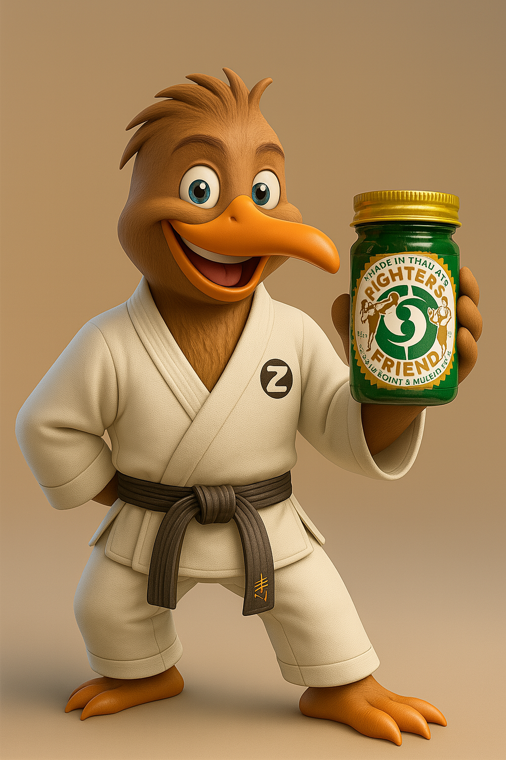 Zenjo Karate Kiwi mascot holding Fighter's Friend Thai muscle balm