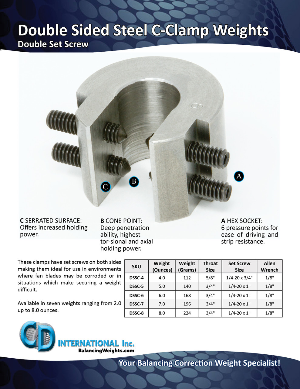 7 ounce (196 g) Double Sided Balancing C-Clamp weights, 3/4" throat size - DSS-SC-7