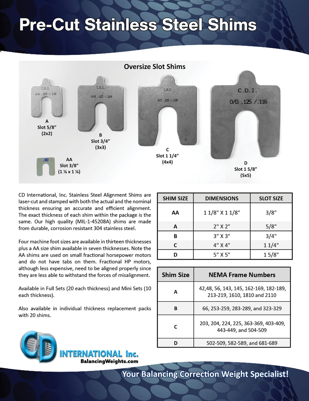 Size A, .002" thick, Stainless Steel Alignment Shim Pack