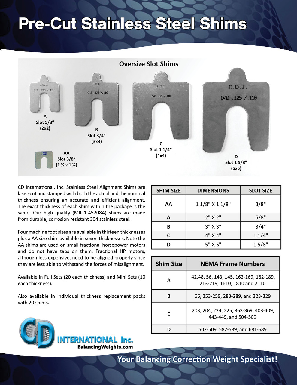 Size A, .015" thick, Stainless Steel Alignment Shim Pack