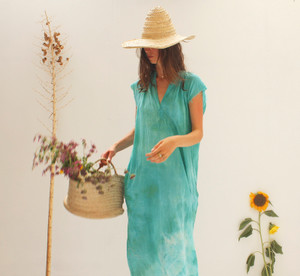 TURQUOISE WASH GAUZE MUSCLE PEASANT DRESS