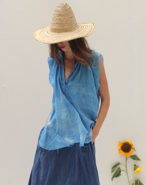 GAUZE PEASANT TANK BLOUSE SKY BLUE WASH