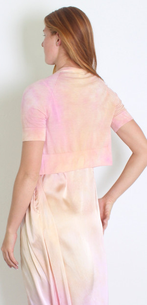 MERINO WOOL CREW CROP S/S BUTTON CARDI COTTON CANDY