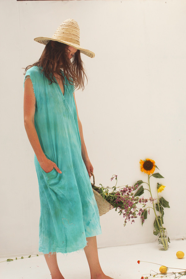 TURQUOISE WASH GAUZE MUSCLE PEASANT DRESS