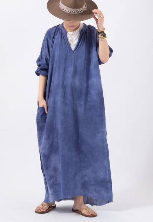 GAUZE 3/4 CUFF PEASANT DRESS BLUE WASH