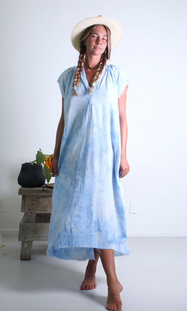 GAUZE MUSCLE PEASANT DRESS BABY BLUE WASH