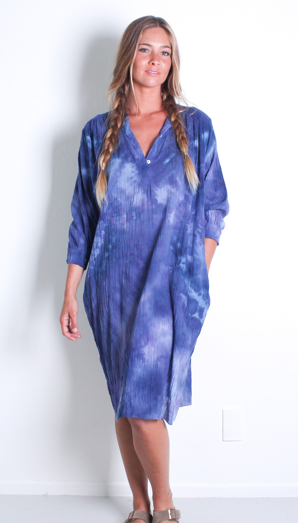 GAUZE 3 BUTTON DRESS INDIGO WASH