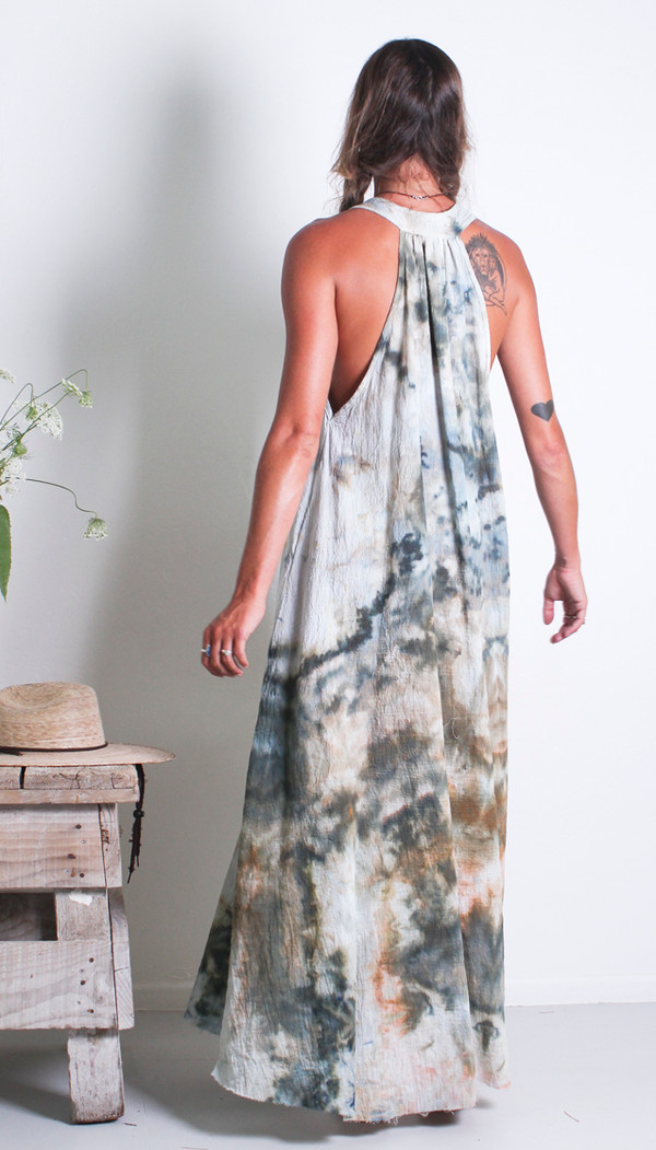 GAUZE DEEP V DRESS NIGHT WASH WALNUT TIE DYE