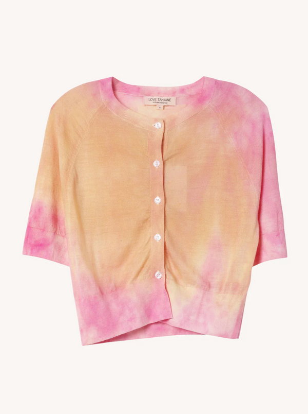 MERINO WOOL CREW CROP S/S BUTTON CARDI COTTON CANDY