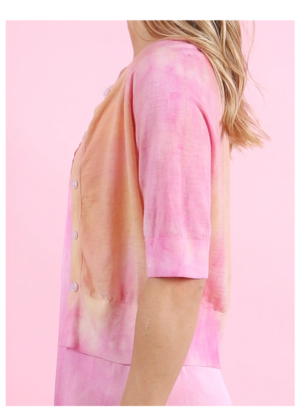 MERINO WOOL CREW CROP S/S BUTTON CARDI COTTON CANDY