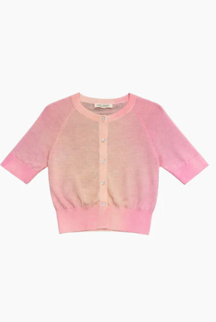 MERINO WOOL CREW CROP S/S BUTTON CARDI COTTON CANDY