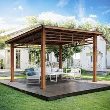 Lue Bona Wooden Gazebo with HardTop Iron Slope Roof Gazebo