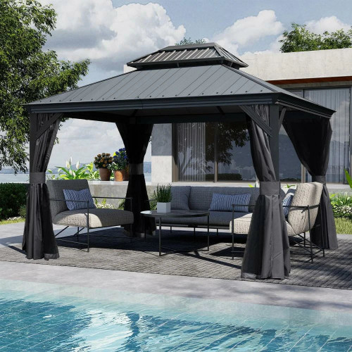 Hardtop Gazebo Dark Gray with Resin Roof and Gutters Installation