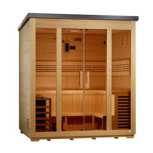 Vorarlberg 5-Person Outdoor Sauna & Harvia Traditional Electric Heater Kit + Red Light Therapy | Flat Roof GDI-8005-01 Assembly