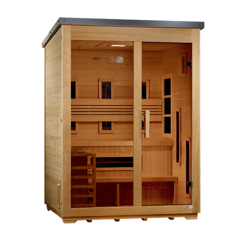 Carinthia 3-Person Hybrid Outdoor Sauna w/ Full Spectrum Indoor Infrared & Harvia Traditional Electric Heater Kit + Red Light Therapy | Flat Roof GDI-8023-01 Assembly