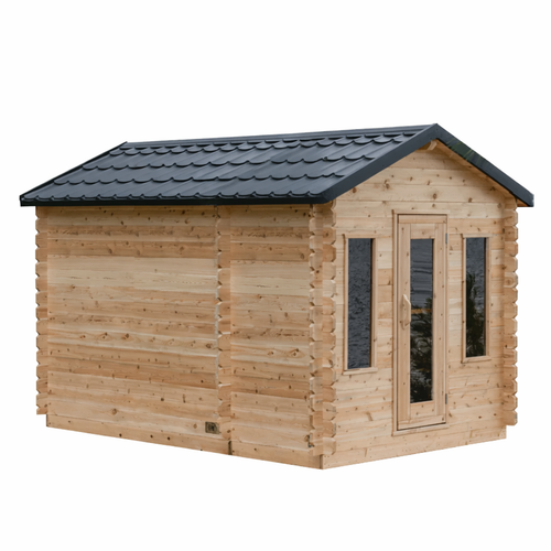 Georgian Outdoor Cabin Sauna Kit w/ Changing Room + Scandia Gas Sauna Heater (Propane/Natural Gas) Assembly
