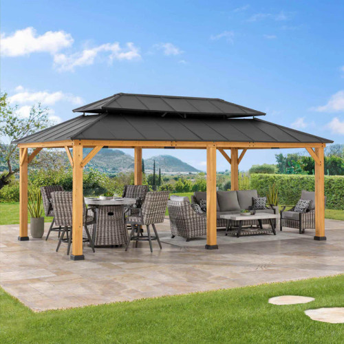Outdoor Patio 2-Tier Wooden Frame Hardtop Gazebo Installation