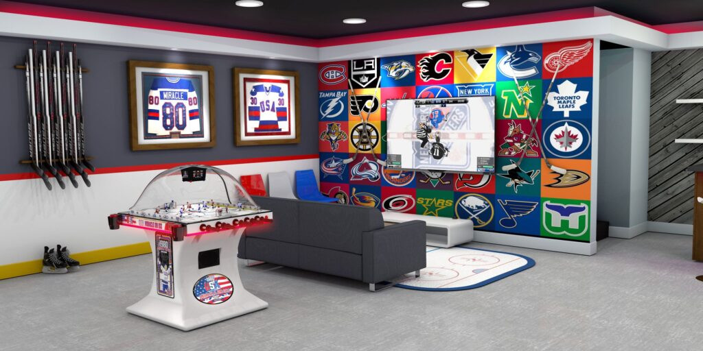 Friends playing bubble hockey in a home game room