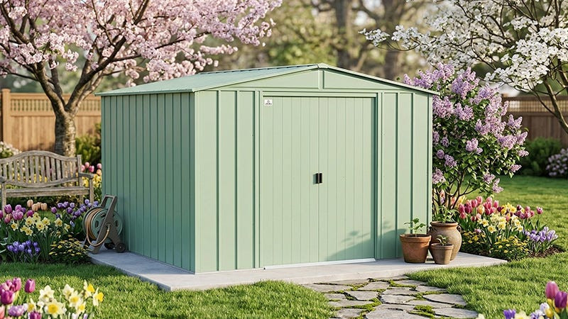 Arrow steel storage shed in a backyard, professionally installed