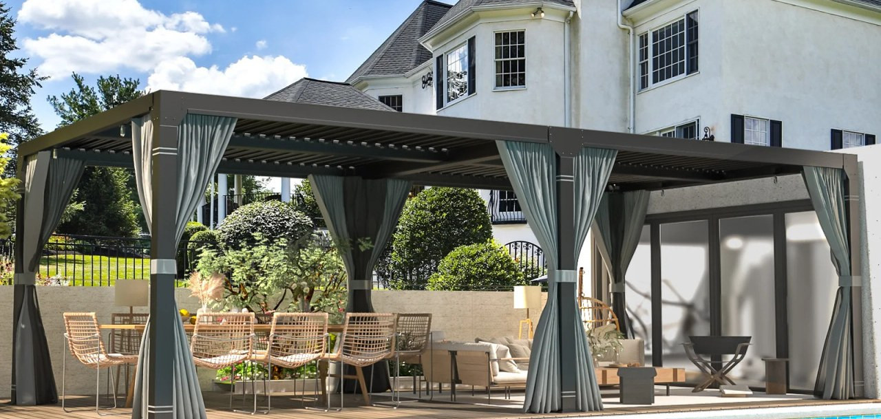 Erommy louvered hardtop pergola on a patio, wide view