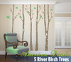 5 birch tree wall decals with green birds styled in a neutral room with tall removable woodland forest tree decor