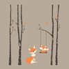 Orange fox woodland wall decals with dark birch trees, baby fox swing, mom fox, and orange birds