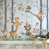 Watercolor woodland animal and grey birch tree wall decals with deer, bear, fox, wolf, badger, owl, raccoon and hanging swing