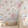 Elizabeth romantic watercolor floral wallpaper in a girls bedroom with a canopy bed