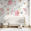 Elizabeth floral wallpaper in a neutral nursery with blush watercolor flowers and wood crib