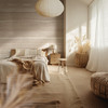 Beige and ivory abstract wallpaper showing layered horizontal bands at the 78-inch repeat