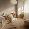 Neutral plaster-texture wallpaper in a softly styled room at the 52-inch repeat