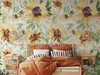 Sunnyday Bold Sunflower Wallpaper in Warm Bedroom With Rust and Terracotta Bedding