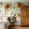 Sunnyday Floral Sunflower Wallpaper in Bedroom With Vintage Wood Armoire and White Bedding
