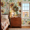Sunnyday Watercolor Sunflower Wallpaper in Warm Bedroom With Wood Dresser and Garden View