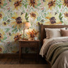 Sunnyday Oversized Sunflower Wallpaper in Romantic Bedroom With Dark Wood Nightstand
