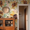 Sunnyday Bold Sunflower Wallpaper in Cottage Entryway With Wood Console and Round Mirror