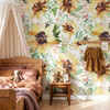 Sunnyday Watercolor Sunflower Wallpaper in Boho Bedroom With Canopy Bed and Natural Wood Accents